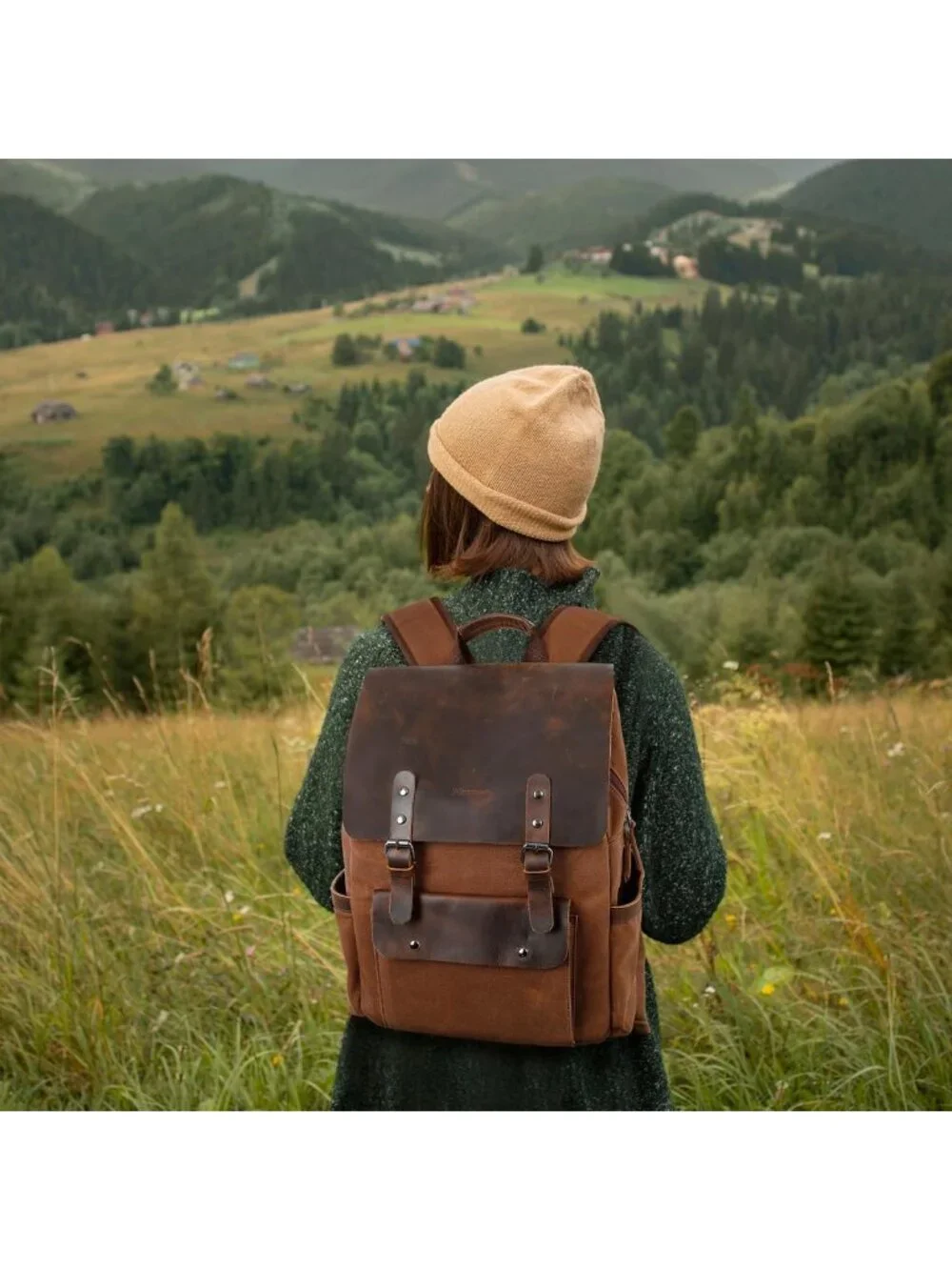 Vintage Waxed Canvas Backpack, Leather Rucksack for Travel & Laptop, 15.6